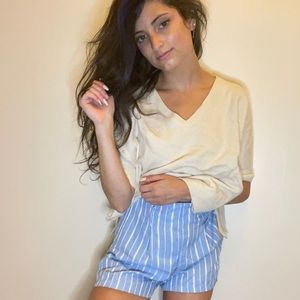 Blue and white striped high waisted shorts